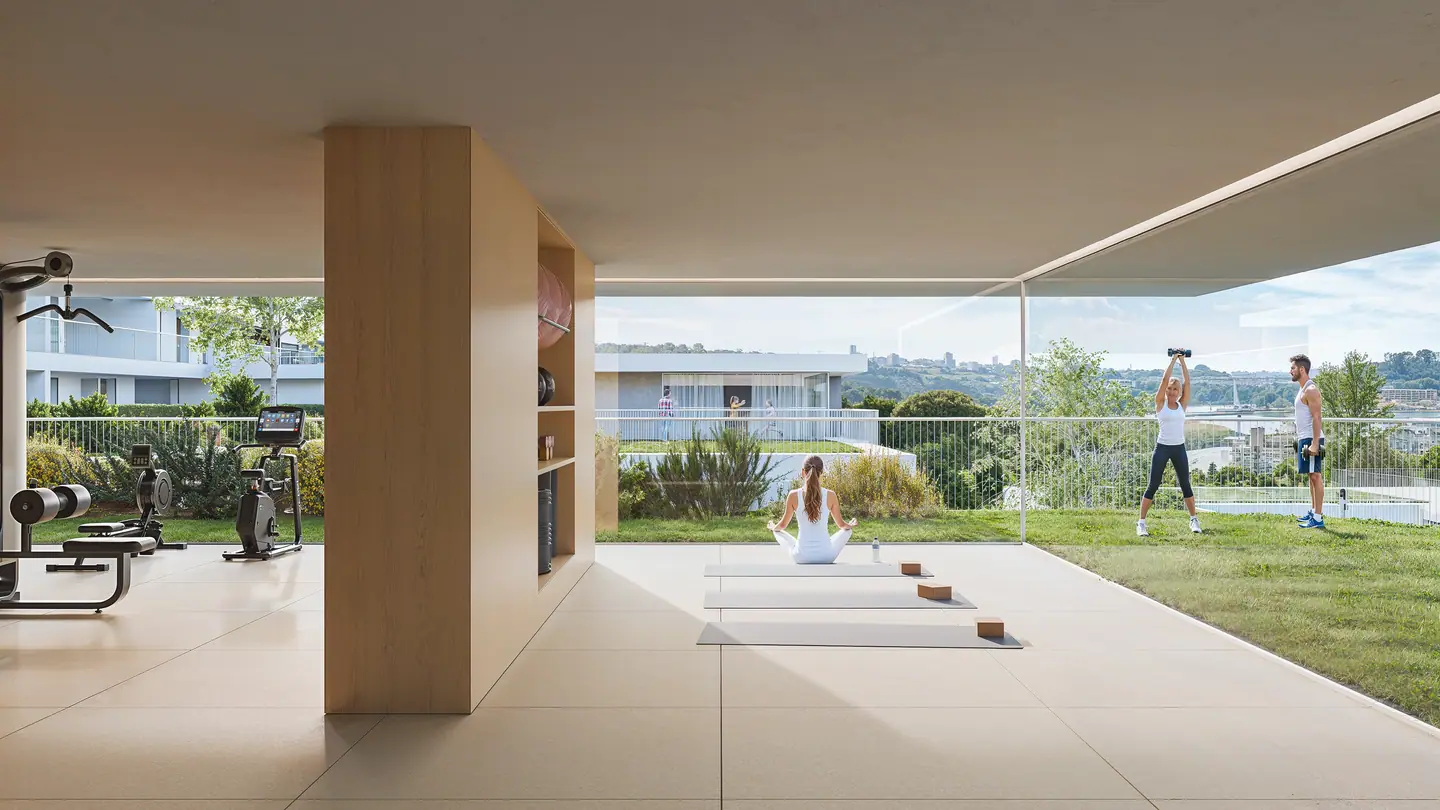 Residents exercising and doing yoga on a covered terrace beside the garden
