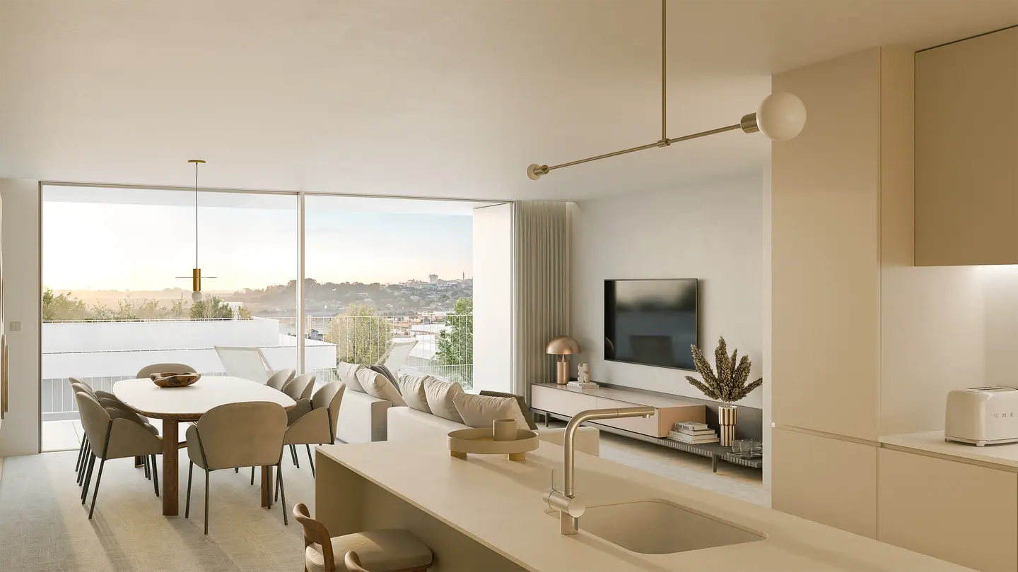 Open kitchen and dining area with a river view