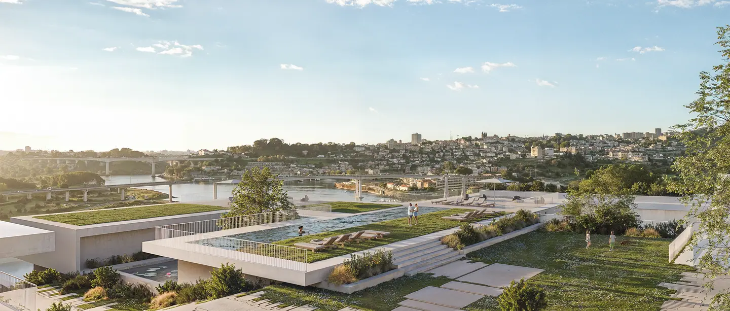 Roof gardens and a pool, with the Douro and the city on the horizon